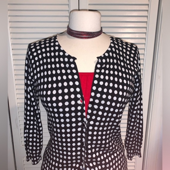 Company Ellen Tracy black and white Polka Dot Cardigan Sweater Women’s Medium - Picture 2 of 9